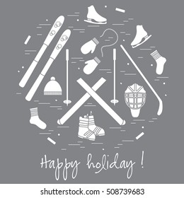 Vector illustration of different elements of sports equipment and clothing for winter sports arranged in a circle. For postcard, invitation, banner, flyer or other polygraphy and design.