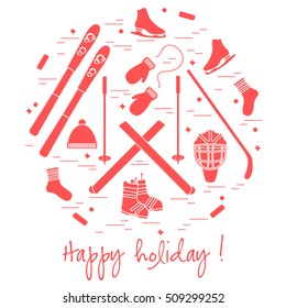 Vector illustration of different elements of sports equipment and clothing for winter sports arranged in a circle. For postcard, invitation, banner, flyer or other polygraphy and design.