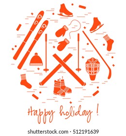 Vector illustration of different elements of sports equipment and clothing for winter sports arranged in a circle. For postcard, invitation, banner, flyer or other polygraphy and design.