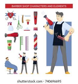 Vector illustration of different equipment and barber with client in flat style.