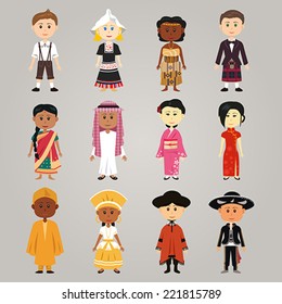 A vector illustration of different  ethnic people wearing their traditional costume