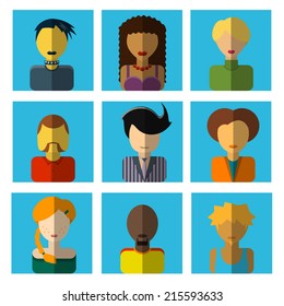 Vector Illustration of Different faces of people for avatar, profile page, for app Design, Website, Background Banner. Men, Women Characters Template. Set of flat people icons.