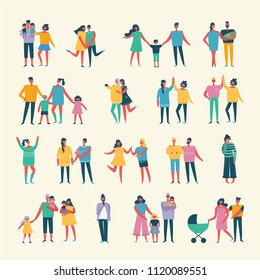 Vector illustration of different family people with children in the flat style.