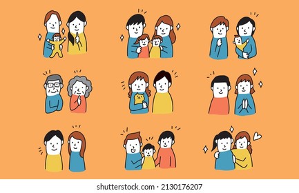 Ilustración vectorial de diferentes familias con niños, parejas, amigos. Concepto familiar sonriente.