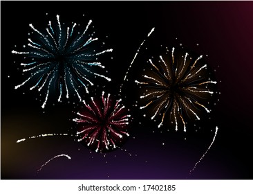 Vector  illustration of different fireworks lighting up the sky in black background.  Great for celebration and festive works.