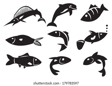Vector illustration of different fish icons. Black Isolated objects against white background. 