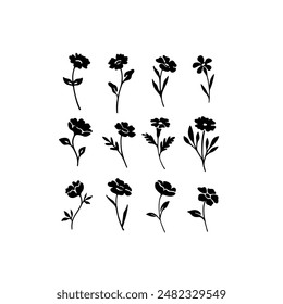 Vector illustration of different flower in simple hand drawn and linocut style. Simple contour vector illustration for cosmetics, postcard and pattern.