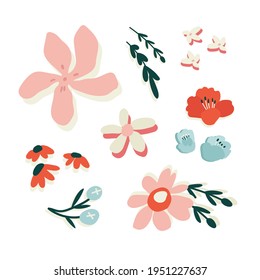 Ilustración vectorial de diferentes flores. Decoración a mano de colores vivos. Adecuado para diseño web e impreso.