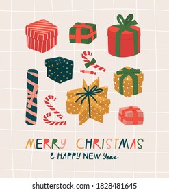 Vector illustration of different form gifts with candies in traditional christmas color - red, green, blue and yellow. Hand-drawn vector illustration and lettering "Merry Christmas and Happy New Year"