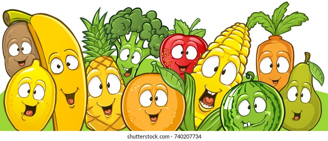 Vector illustration of different fruits. Cartoon fruit characters with funny and cute faces. Isolated on white background