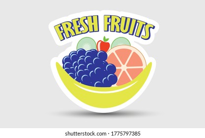 Vector illustration. Different fruits on a white background with the words Fresh Fruits