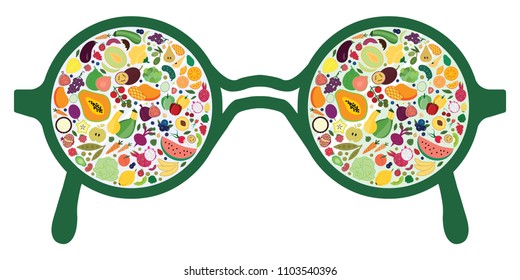 vector illustration for different fruits and vegetables in glasses reflection design for healthy nutrition and diet expert advices