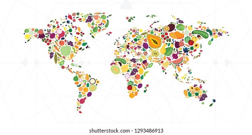 vector illustration for different fruits and vegetables in world map shape design for healthy nutrition and digestion concepts