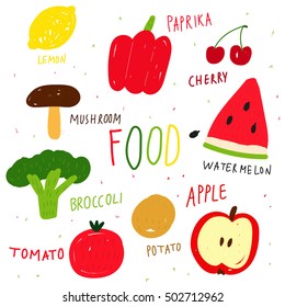 Vector illustration with different fruits and vegetables.
