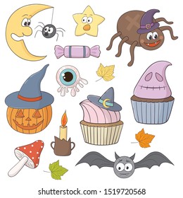 Vector illustration with different funny objects, spider, bat, cake, moon, and web. Good for halloween holiday design
