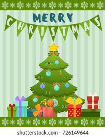 Vector illustration of different gifrboxes and dexorated Christmas tree. New year Christmas card.
