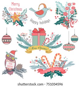 Vector illustration of different gifts, presents, animals and winter decorations emblems for Christmas