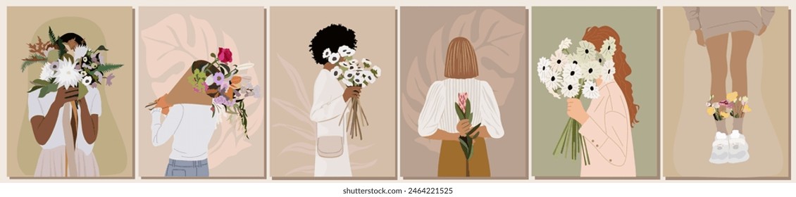 Vector illustration of Different Girls with flowers. Modern cards, bohemian posters set. Young stylish women with beautiful floral bouquets. Abstract portraits in neutral earthy tone pastel colors.