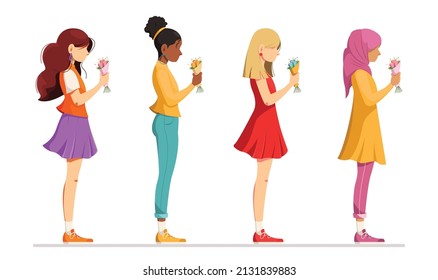 Vector illustration of different girls. International Women's Day. Womens day equality concept with diverse nationality female characters flat vector illustration