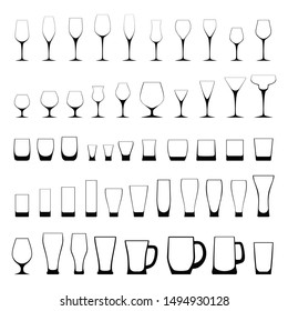 Vector illustration of different glassware silhouettes. Fully editable 50 empty glasses for wine, beer, whisky, cognac and other alcohol drinks. Different types of stemwares, beakers and mugs isolated