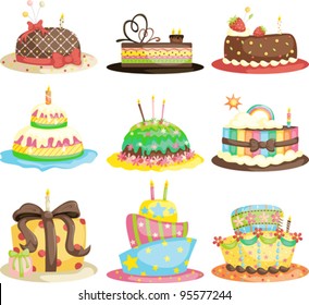 A vector illustration of different gourmet birthday cakes