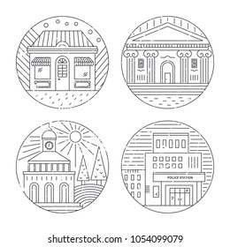 Vector illustration of different govenmental buildings including polica station, museum. Trendy line style vector illustration. City architecture concept. Government buildings. 