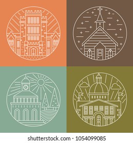 Vector illustration of different govenmental buildings including university, church, capitol. Trendy line style vector illustration. City architecture concept. Government buildings. 