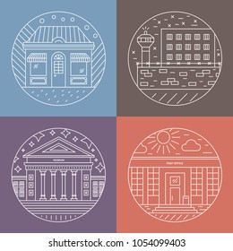 Vector illustration of different govenmental buildings including museum, post office, prison. Trendy line style vector illustration. City architecture concept. Government buildings. 