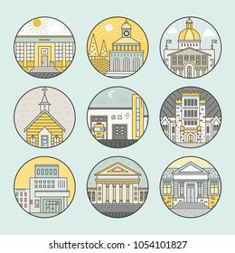 Vector illustration of different govenmental buildings including police station, post office, capitol. Trendy line style vector illustration. City architecture concept. Government buildings. 