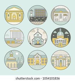 Vector illustration of different govenmental buildings including capitol, museum, hospital. Trendy line style vector illustration. City architecture concept. Government buildings. 