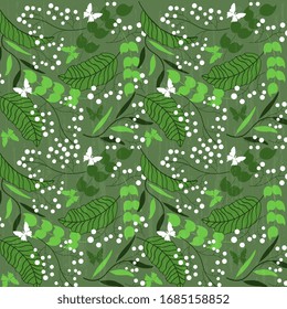 Ilustración vectorial con diferentes hojas y bayas verdes, mariposas, texturadas. Diseño de tarjetas de verano.