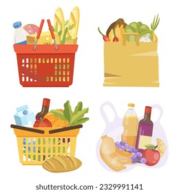 vector illustration different grocery baskets with groceries