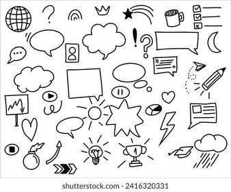 Vector illustration of different hand drawn elements: speech bubble, marks, elements, arrows,