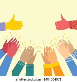 Vector illustration of different hands up hands clapping, applaud hands.Concept of  public approval with surrounded by hands with thumbs up in flat style 