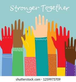 Vector illustration of different hands up vector illustration. Concept of unity, protest, revolution, fight, cooperation. Flat outline design. 