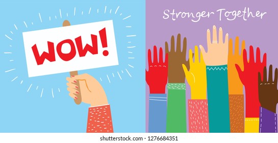 Vector illustration of different hands up vector illustration. Concept of unity, protest, revolution, fight, cooperation. Flat outline design.