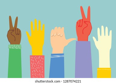 Vector illustration of different hands up . Concept of unity, protest, revolution, fight, cooperation. Flat outline design
