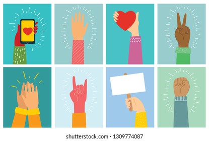 Vector illustration of different hands up . Concept of unity, protest, love, smartphone, friendship, revolution, fight, cooperation. Flat outline design