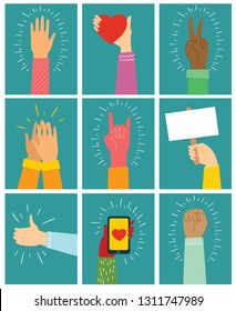 Vector illustration of different hands up . Concept of unity, protest, love, smartphone, friendship, revolution, fight, cooperation. Flat outline design