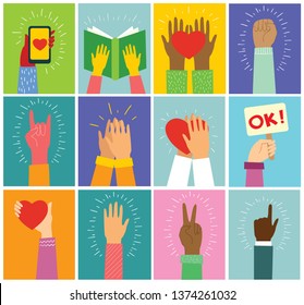 Vector illustration of different hands up . Concept of  knowledge, unity, protest, love, friendship, revolution, fight, cooperation. Flat outline design