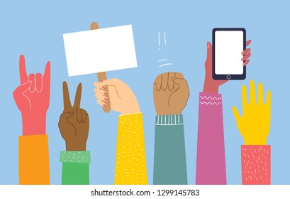 Vector illustration of different hands up, with smart phone and banner . Concept of unity, protest, revolution, fight, cooperation, technology in Flat outline design