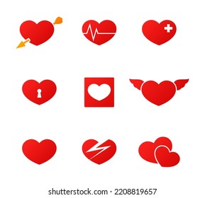 Vector illustration of different hearts isolated on white background. Set of red hearts icons. Collection of hearts logo. Love symbol.