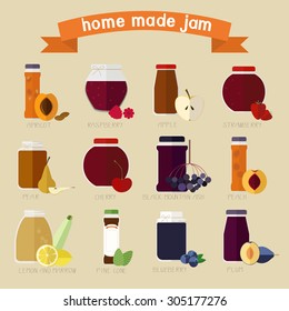 Vector illustration of different home made jam from fruits and berries.