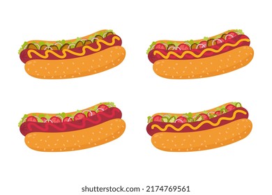 Vector illustration of different hot dogs. Fast food set with tomatoes, onions, pepper, mustard and ketchup, salad. Cartoon style.