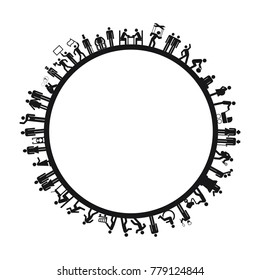 vector illustration of different human behaviors activities and postures icons on circle shape frame for social media and public services concepts