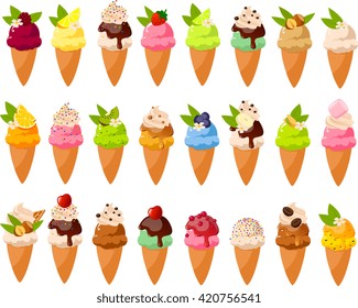 Vector illustration of different ice cream cones.
