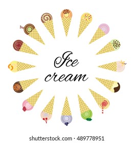 vector illustration of different ice cream types with variety of toppings and flavors arranged in circle shape on white background