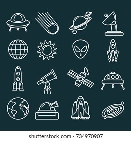 Vector illustration of different icons dedicated to spacecraft and planets isolated on black. 