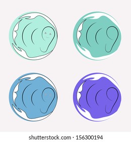 vector illustration of different icons for institutions helping children with hearing deficiency. adult hands embracing the child and helping him learn; round shaped design.