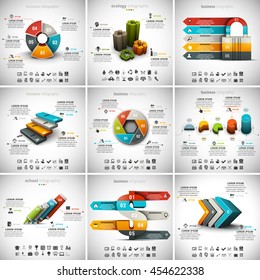 Vector illustration of different infographic templates. 9 in 1 set.